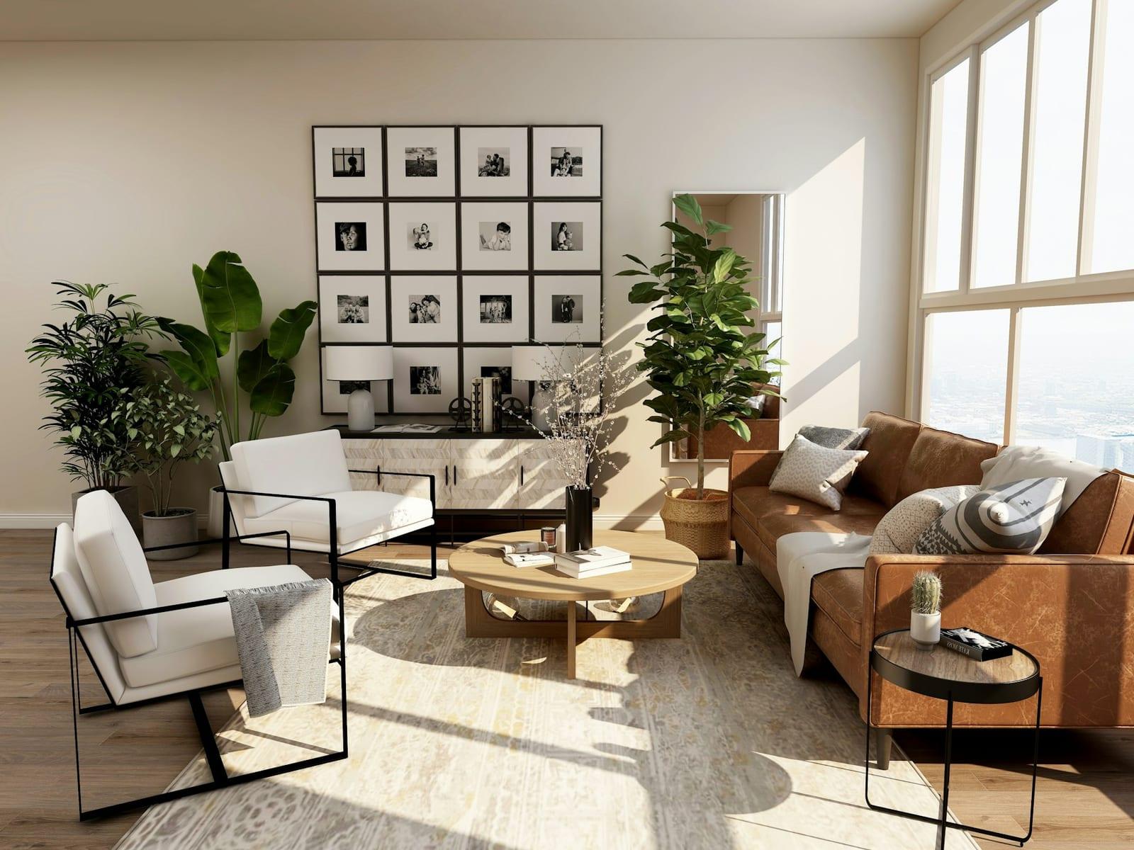 Warm, light-filled living room with tan leather sofa and layered textures