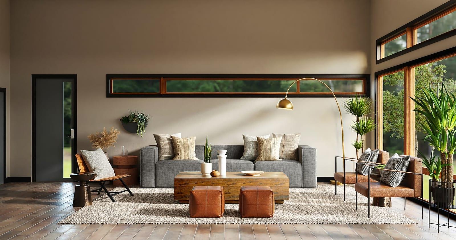 Living room with warm beige walls, grey sofa and cognac leather armchairs